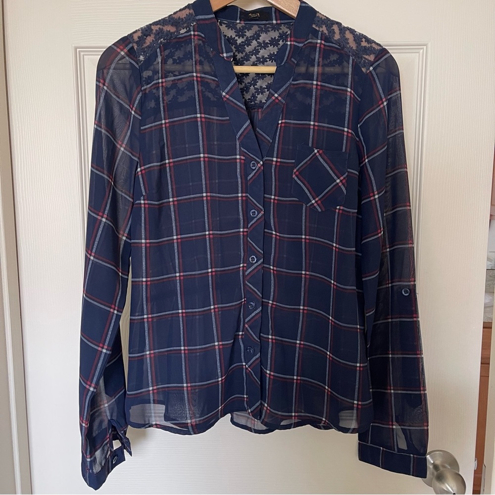 Sheer Blue Plaid Button Down Blouse w/ Floral Detailing on Back